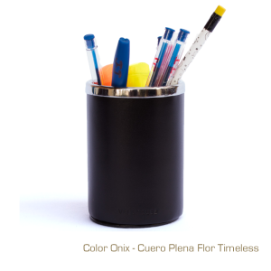 Porta Lapicero de Cuero Box Negro con accesorio metálico