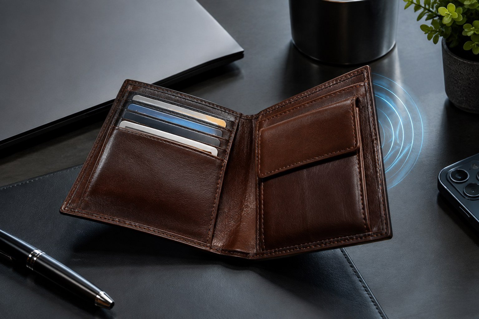 Billetera de cuero con protección RFID y tarjetas bancarias